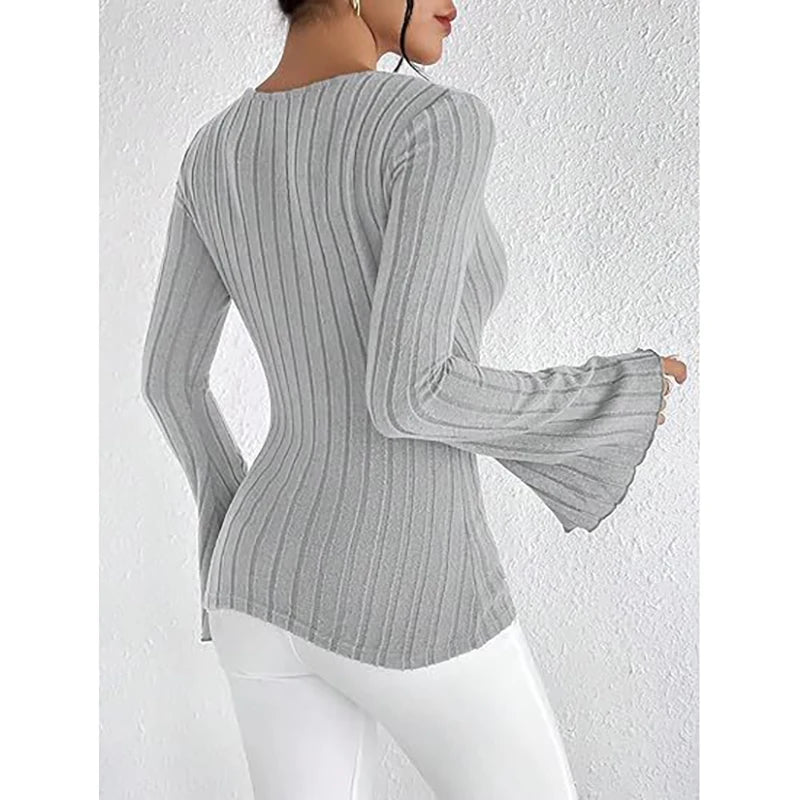 2024 New Autumn Women V Neck Button Long Sleeve Solid Color Knitted Pullover Black Basic T-Shirt Tops