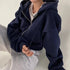 Autumn Winter Fleece-Lined Navy Blue Zip-Up Hoodie for Women