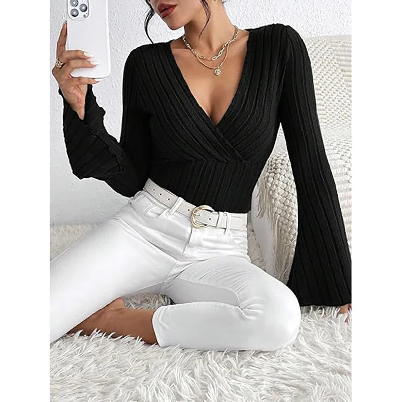 2024 New Autumn Women V Neck Button Long Sleeve Solid Color Knitted Pullover Black Basic T-Shirt Tops