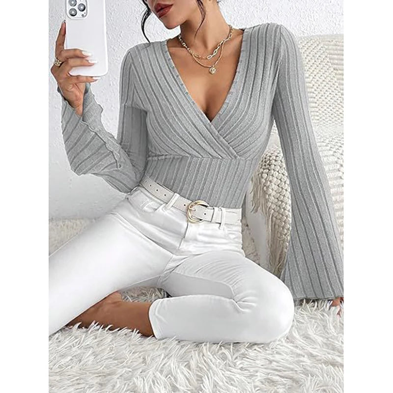 2024 New Autumn Women V Neck Button Long Sleeve Solid Color Knitted Pullover Black Basic T-Shirt Tops