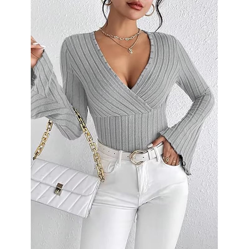 2024 New Autumn Women V Neck Button Long Sleeve Solid Color Knitted Pullover Black Basic T-Shirt Tops