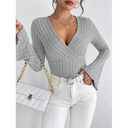 2024 New Autumn Women V Neck Button Long Sleeve Solid Color Knitted Pullover Black Basic T-Shirt Tops